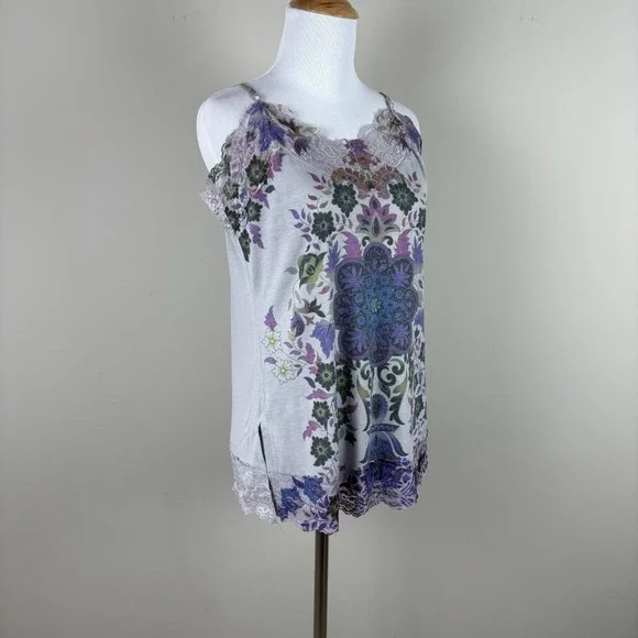 Vintage Y2K‎ Weavers Tank Top Womens XL Gray Purple Floral Lace Trim Fairy Cami - Picture 4 of 11